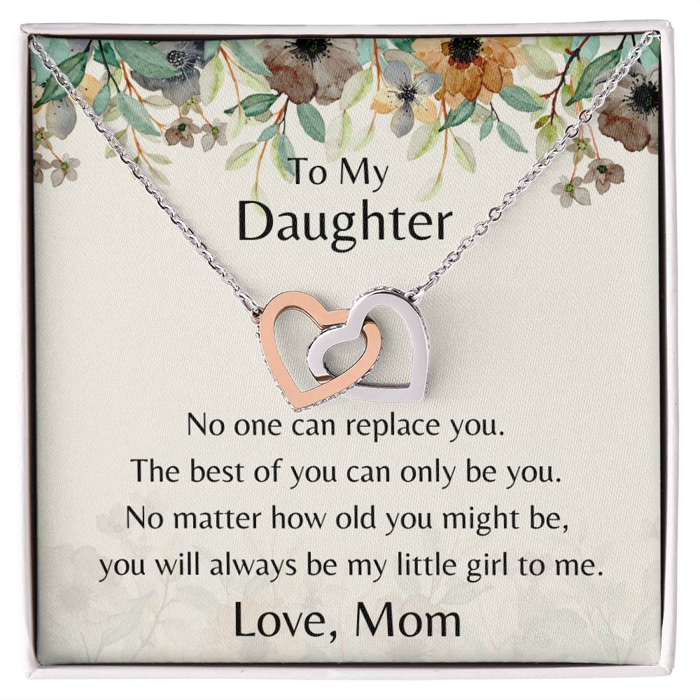 To My Daughter No One Can Replace You Necklace. Embellished With Cubic Zirconia Stones. Interlocking Hearts Necklace
