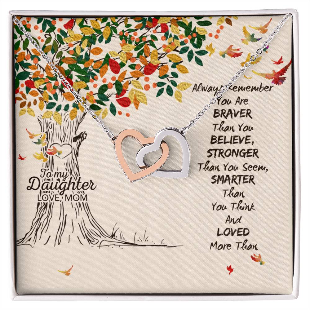 To My Daughter Love Mom Two Hearts Embellished With Cubic Zirconia Stones Interlocking Hearts Necklace