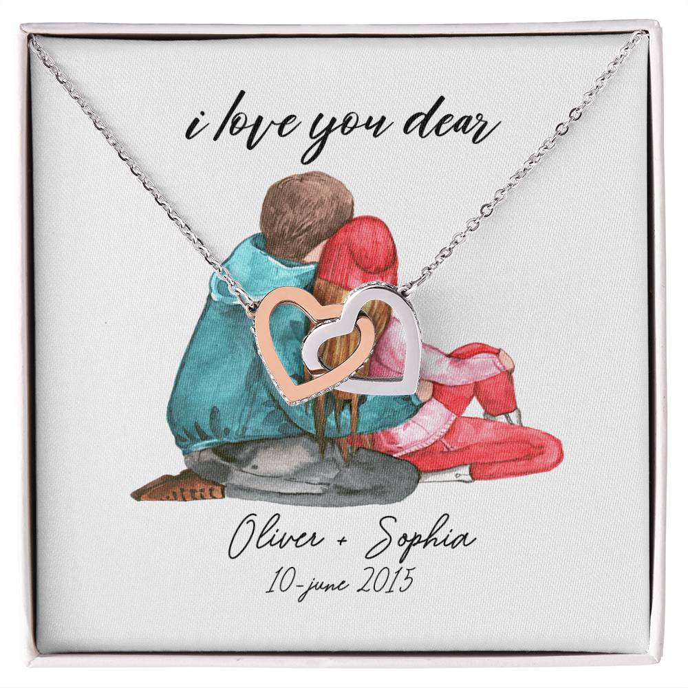 I Love You Baby Date Interlocking Hearts Necklace