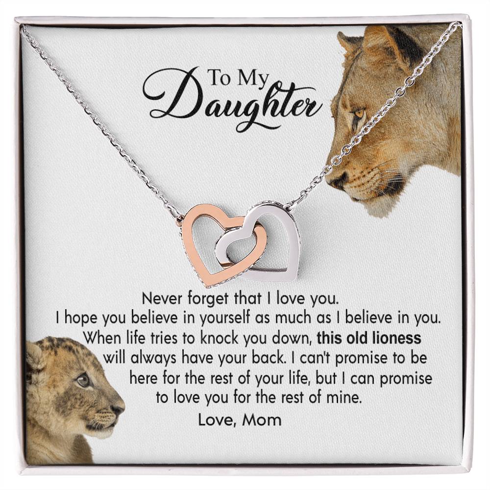 To My Daughter - This Old Lioness Will Always Have Your Back Interlocking Hearts Necklace