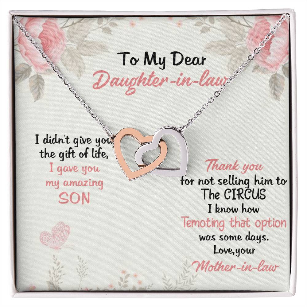 To My Dear Daughter In Law Thank You For Not Selling My Son Love From Mother In Law Love Forever Neckless Interlocking Hearts Necklace