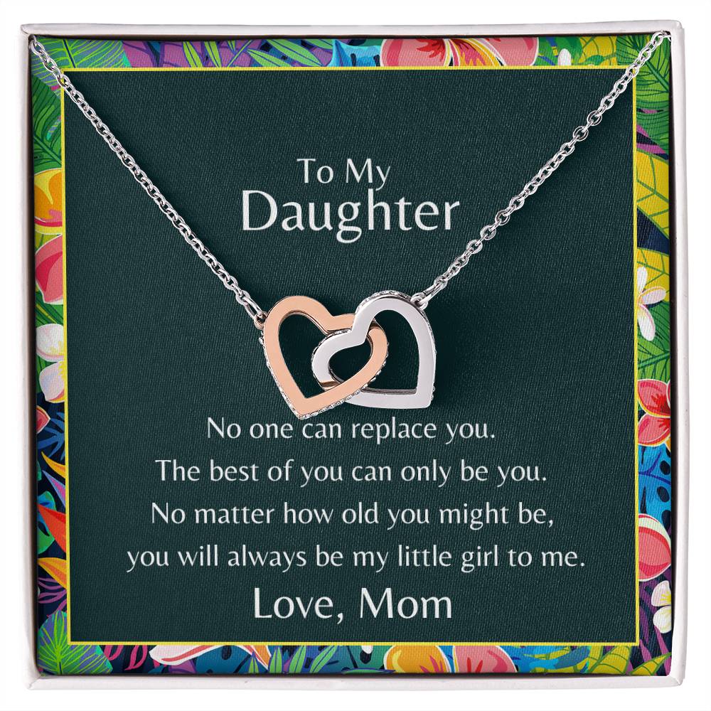 To My Daughter No One Can Replace You Necklace. Embellished With Cubic Zirconia Stones. Interlocking Hearts Necklace
