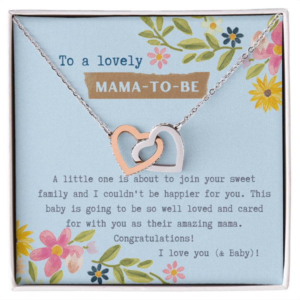 Mama To Be Interlocking Hearts Necklace Blue Floral Baby Shower