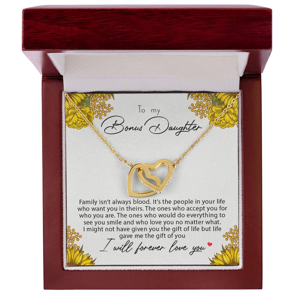 To My Bonus Daughter Family Isn'T Always Blood Interlocking Hearts Necklace