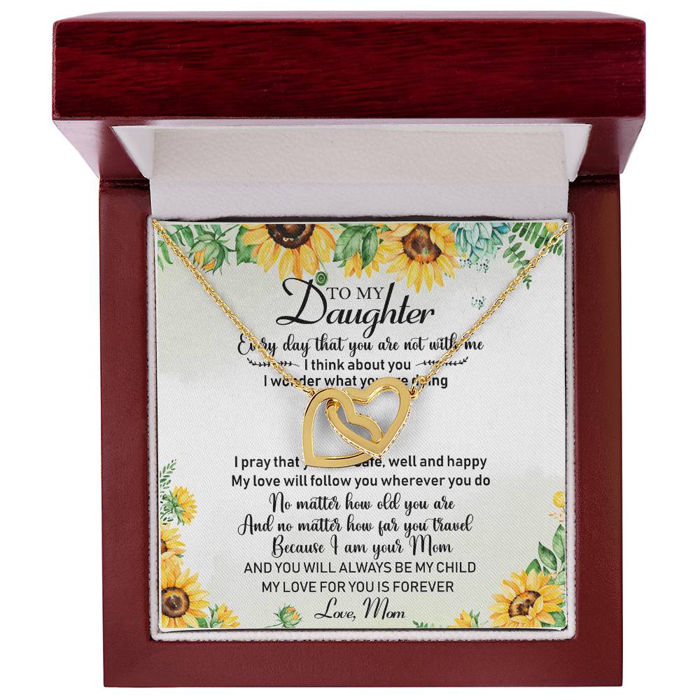 To My Daughter Sunflower Interlocking Hearts Necklace Birthday Message Card