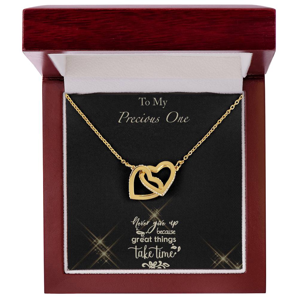 Never Give Up - Black Background Interlocking Hearts Necklace