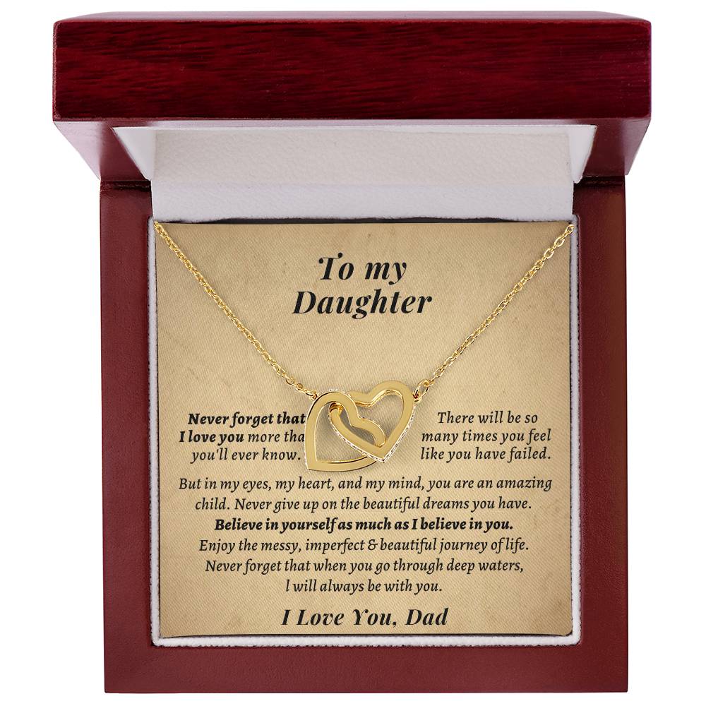 Gift For Daughter From Dad- Never Forget That When You Go Through Deep Watersl Will Always Be With You. Interlocking Hearts Necklace