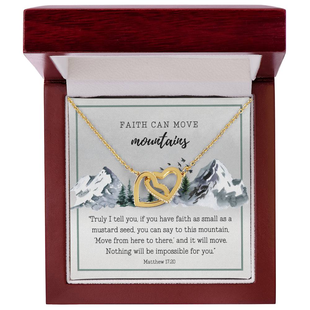 Scripture Encouragement Interlocking Hearts Necklace Matthew 1720 Winter Mountains