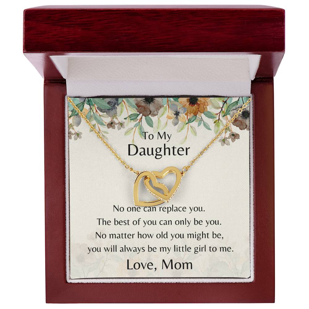 To My Daughter No One Can Replace You Necklace. Embellished With Cubic Zirconia Stones. Interlocking Hearts Necklace