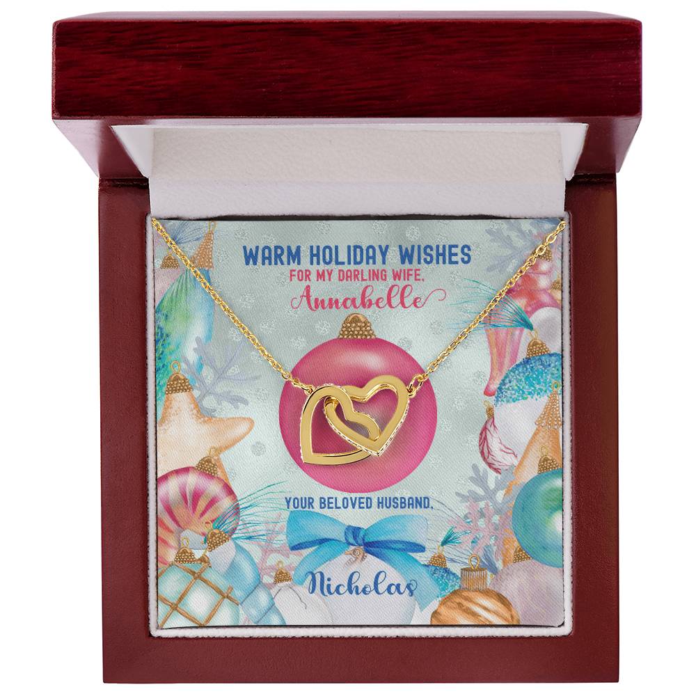 Husband To Wife - Warm Holiday Wishes Fully Customizable Christmas Gift - Personalized Interlocking Hearts Necklace