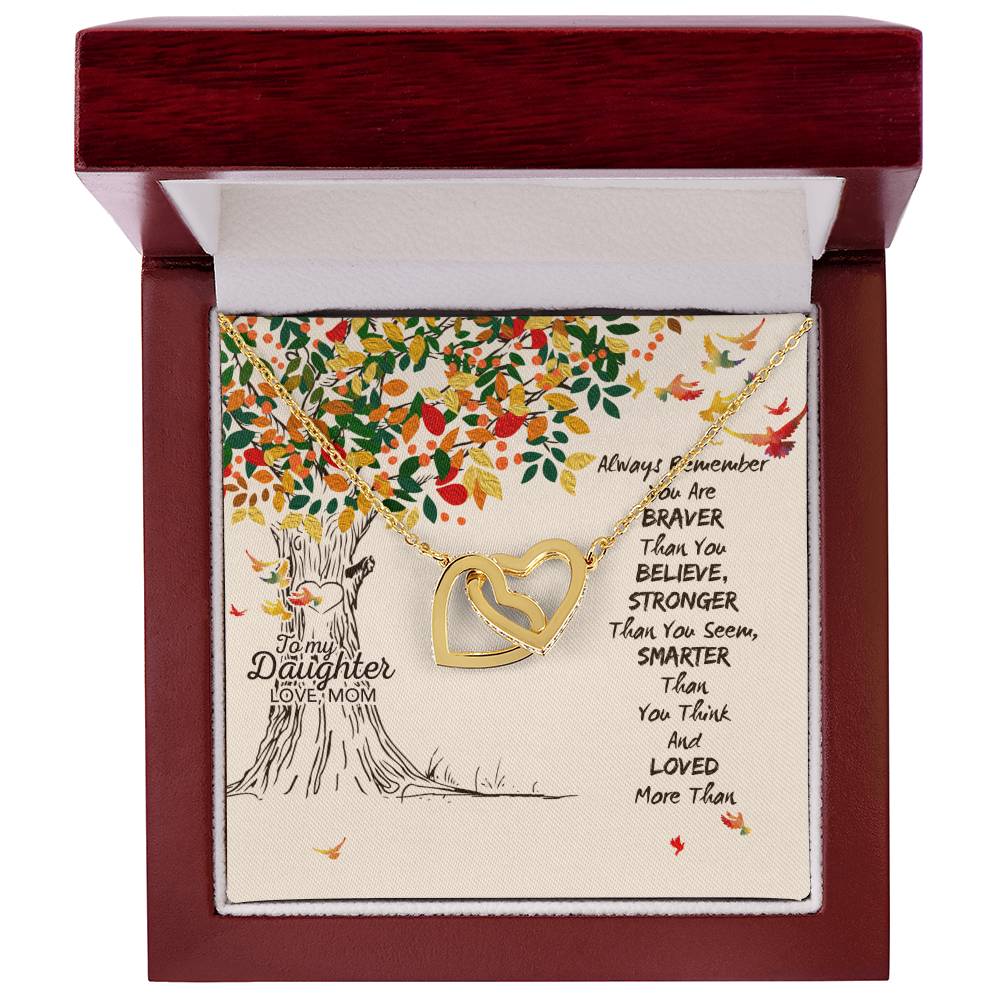 To My Daughter Love Mom Two Hearts Embellished With Cubic Zirconia Stones Interlocking Hearts Necklace