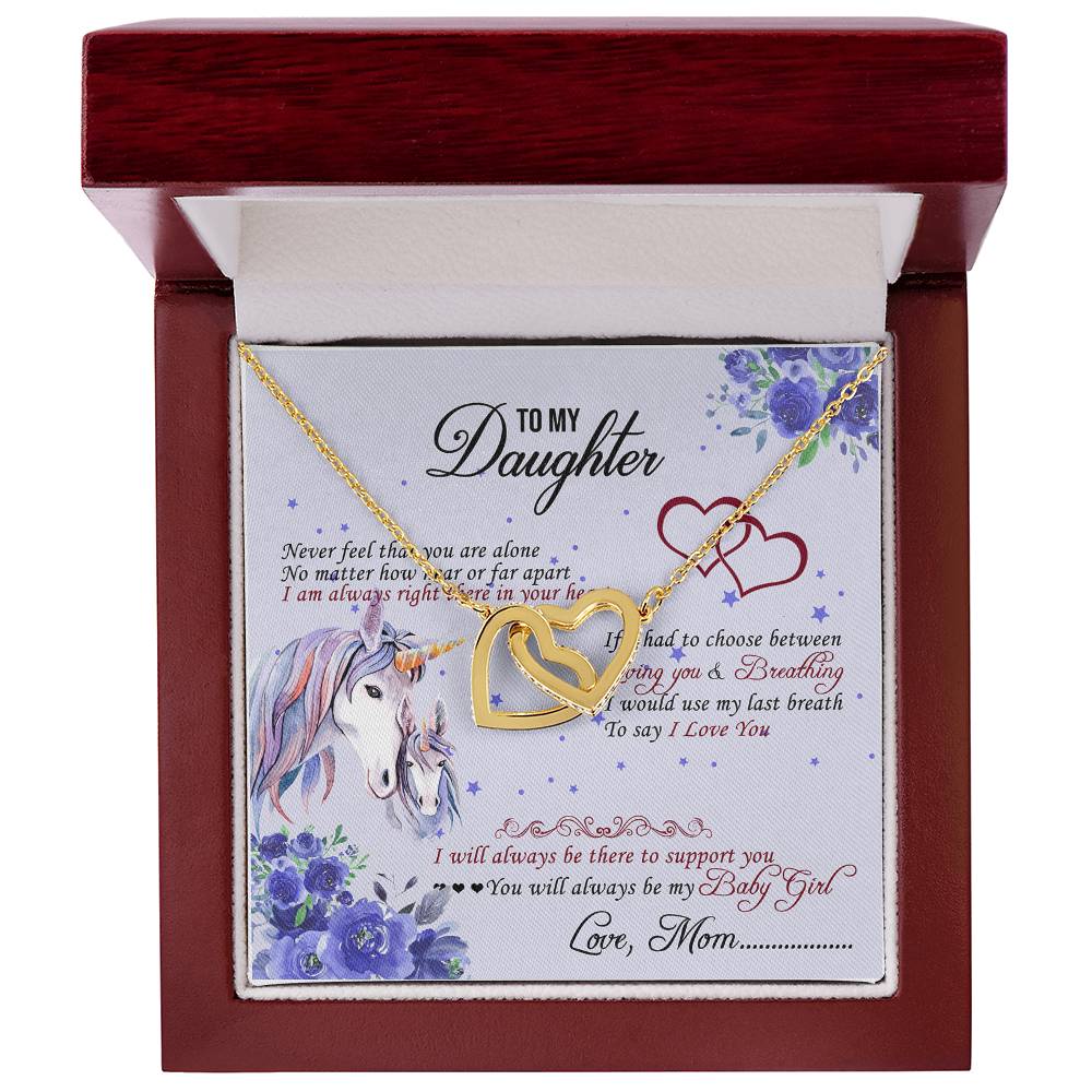 To My Daughter Unicorn Interlocking Hearts Necklace Birthday Message Card