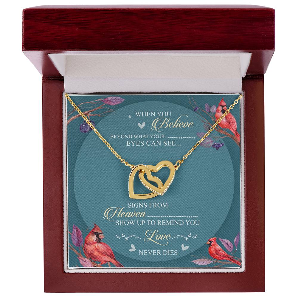 When You Believe Beyond What Your Eyes Can See Interlocking Hearts Necklace Cardinal Bird