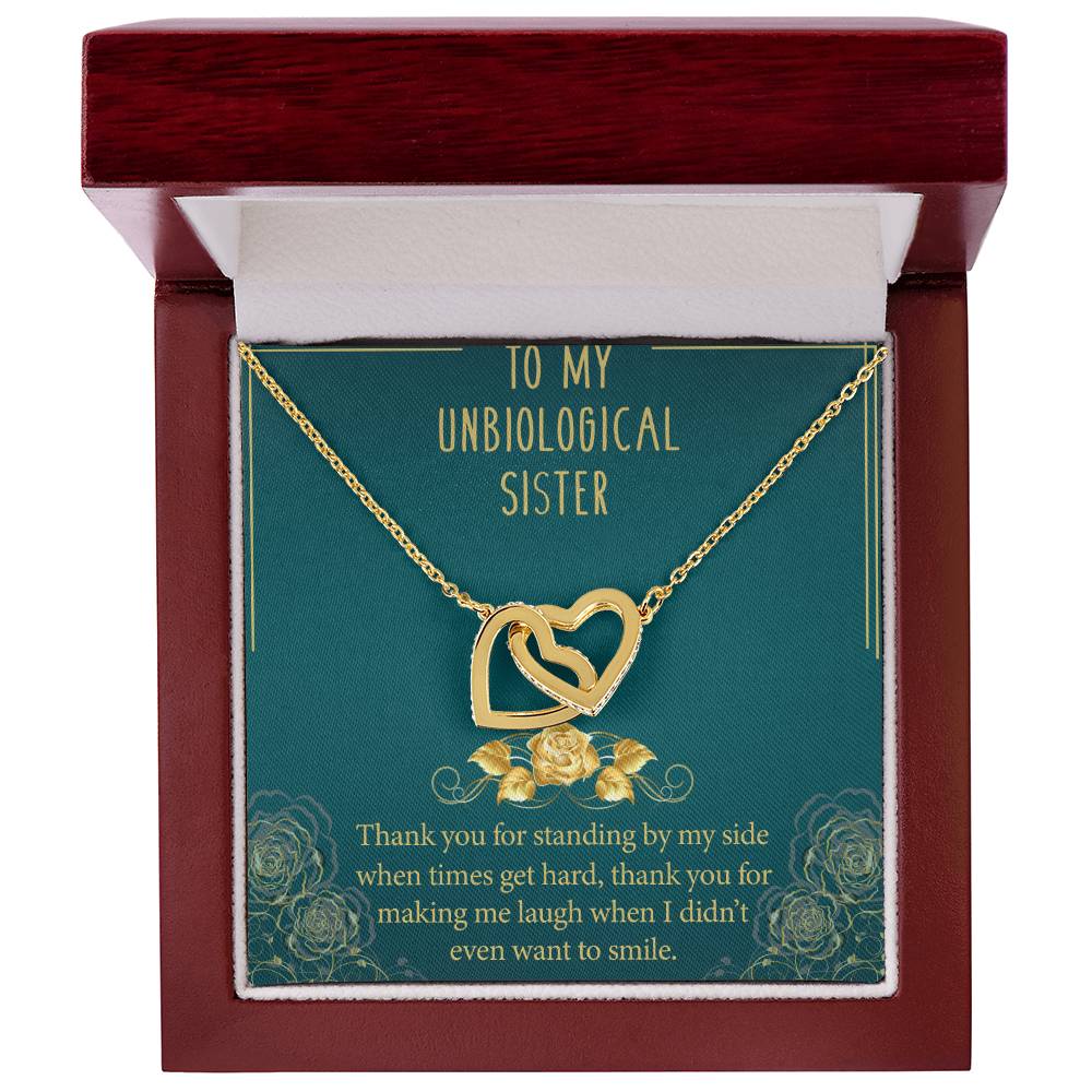 To My Unbiological Sister Interlocking Hearts Necklace Message Card