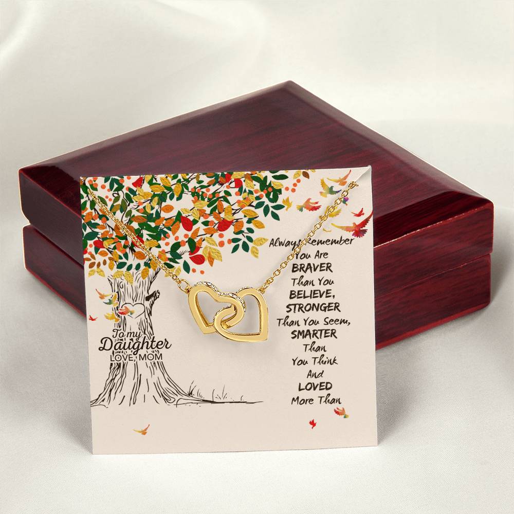 To My Daughter Love Mom Two Hearts Embellished With Cubic Zirconia Stones Interlocking Hearts Necklace