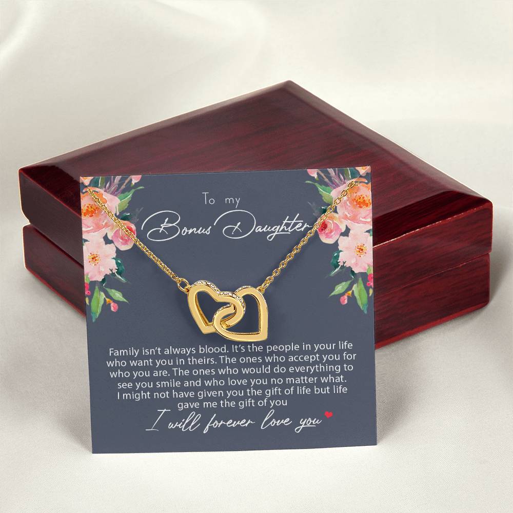 To My Bonus Daughter Family Isn'T Always Blood Interlocking Hearts Necklace