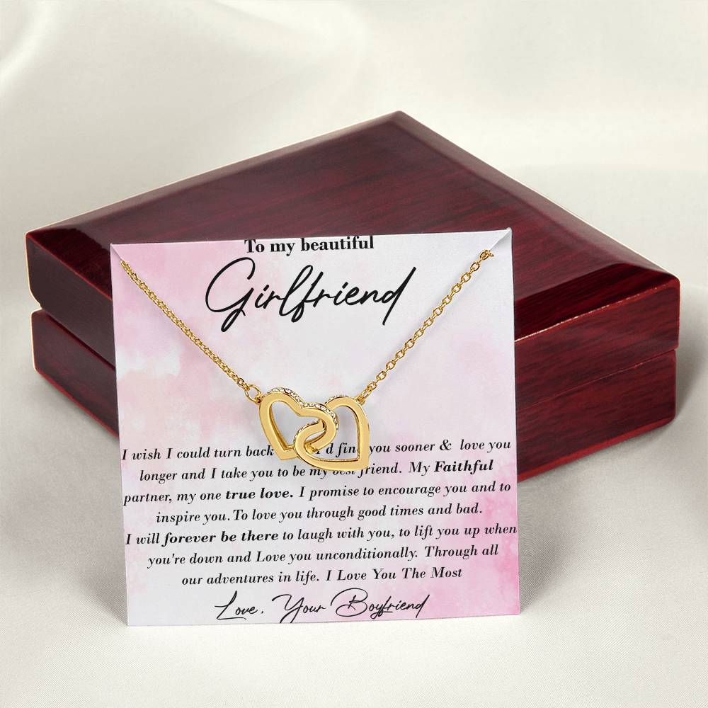 To My Beautiful Girlfriend Interlocking Hearts Necklace Message Card