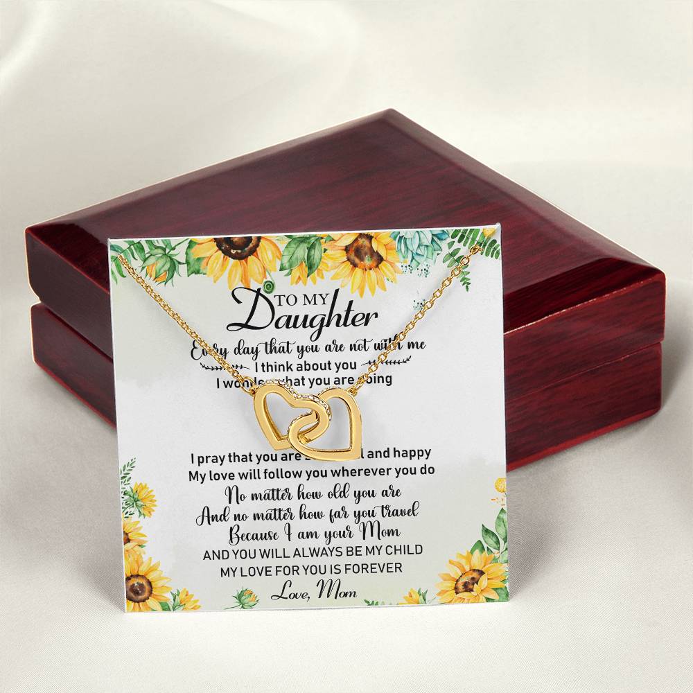 To My Daughter Sunflower Interlocking Hearts Necklace Birthday Message Card
