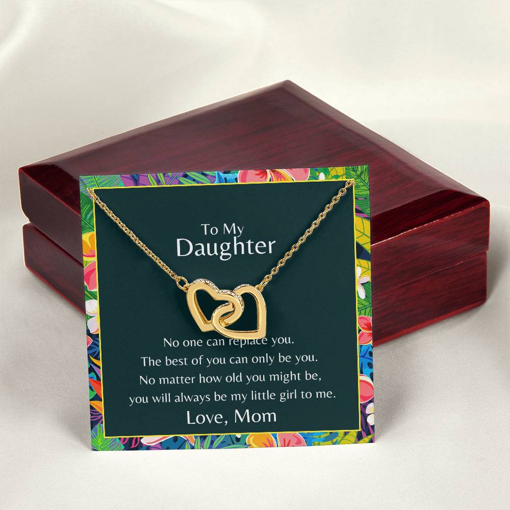 To My Daughter No One Can Replace You Necklace. Embellished With Cubic Zirconia Stones. Interlocking Hearts Necklace