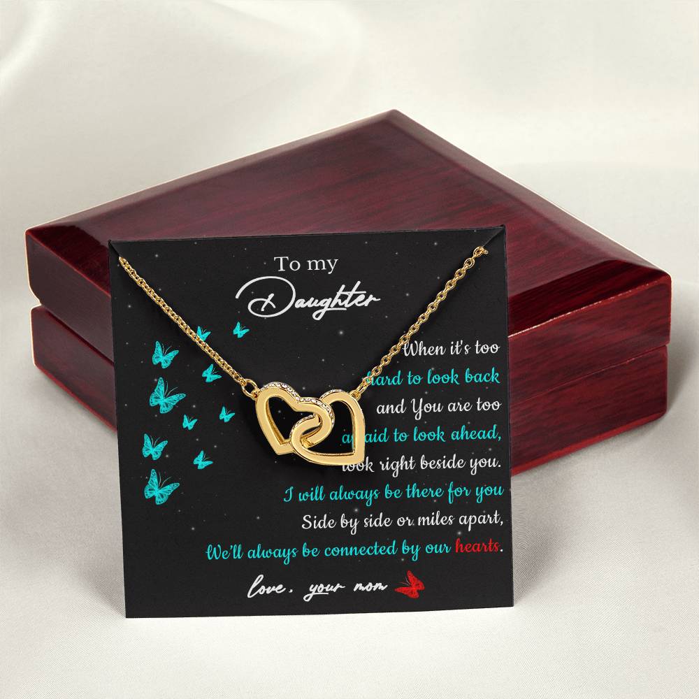 To My Daughter - Side By Side Or Miles Apart - Butterfly Interlocking Hearts Necklace
