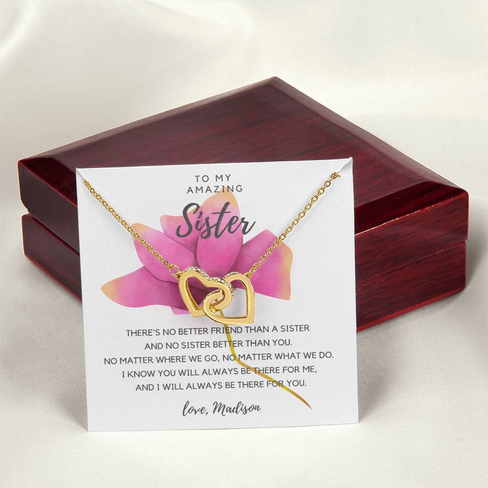 To My Amazing Sister - Pink Rose Interlocking Hearts Necklace