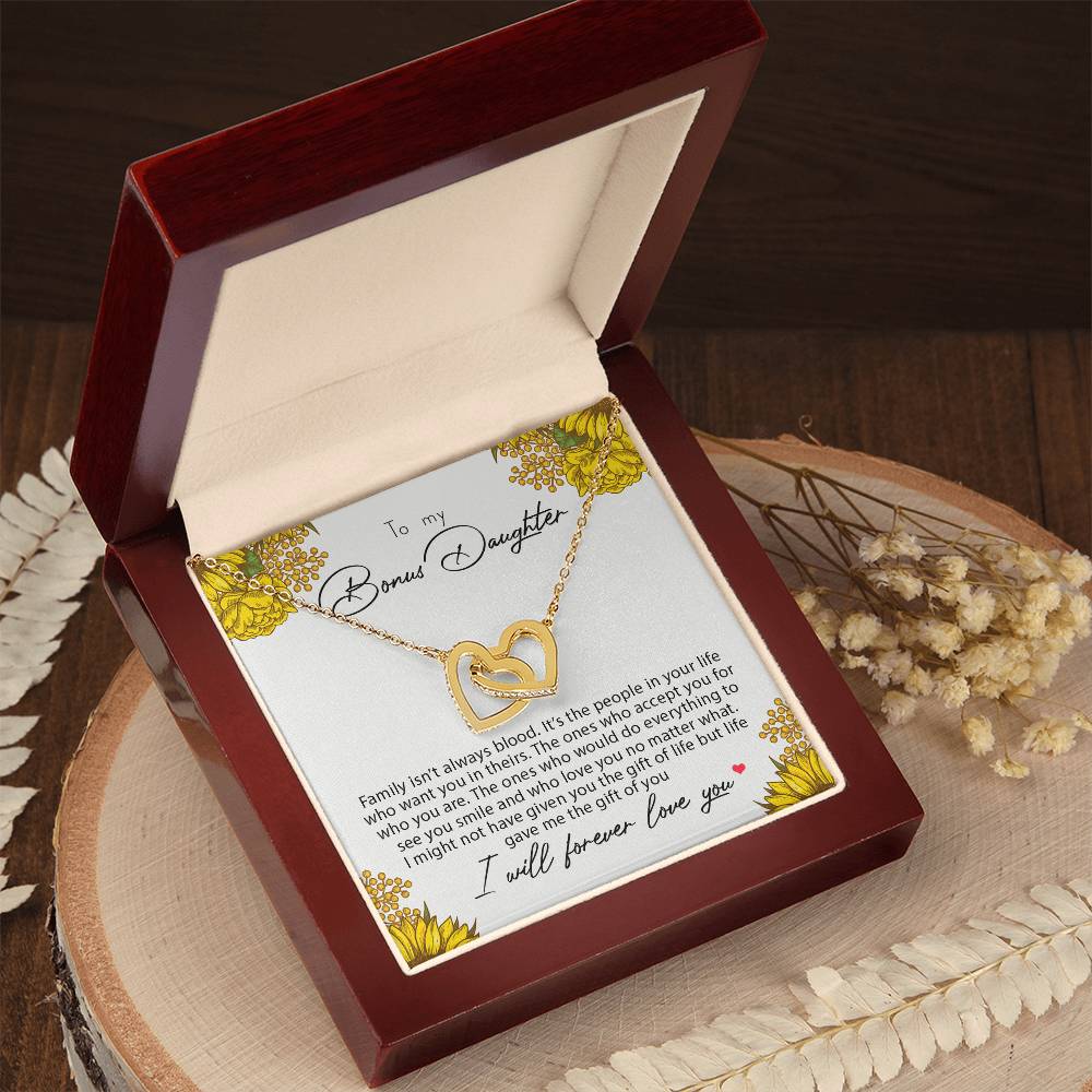 To My Bonus Daughter Family Isn'T Always Blood Interlocking Hearts Necklace