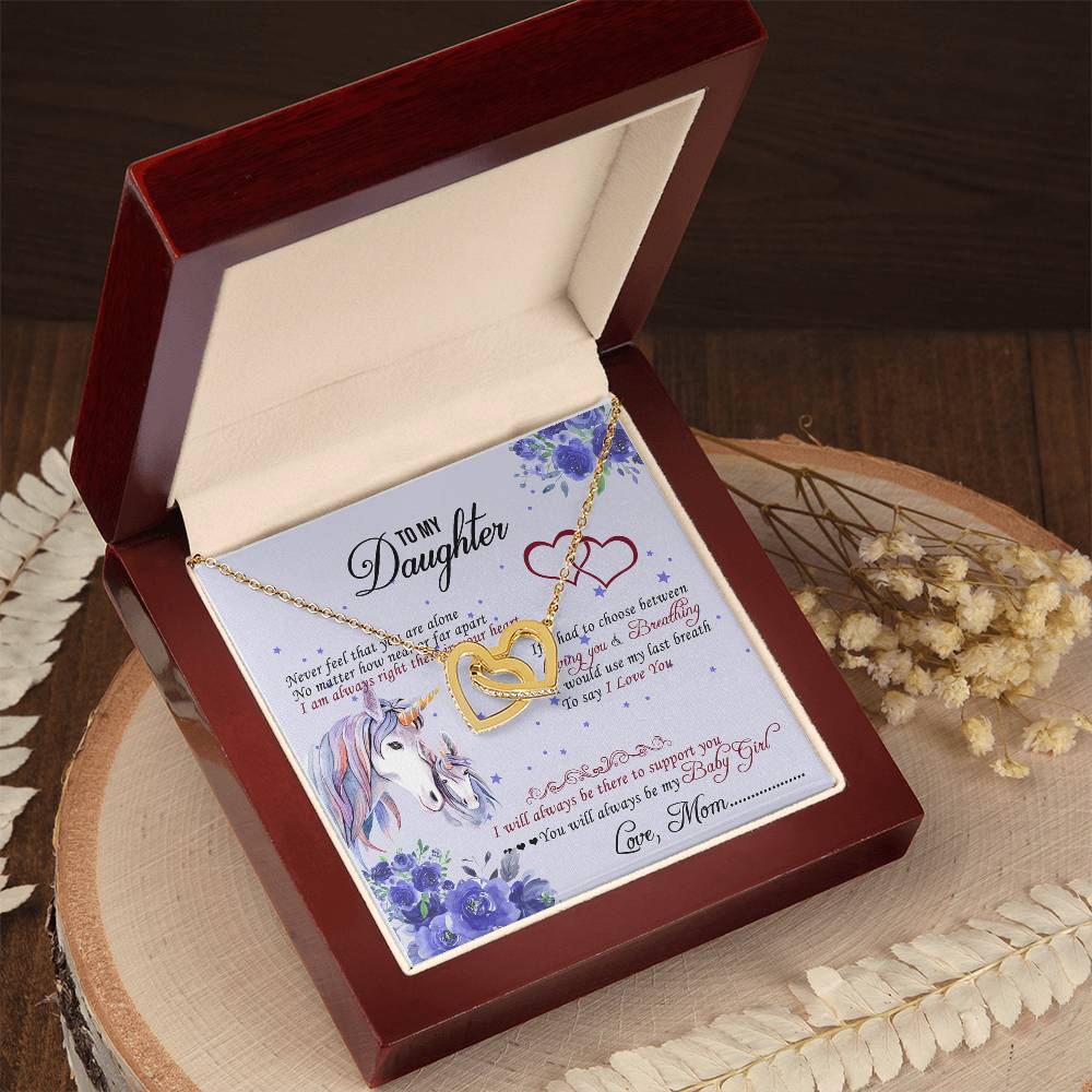 To My Daughter Unicorn Interlocking Hearts Necklace Birthday Message Card