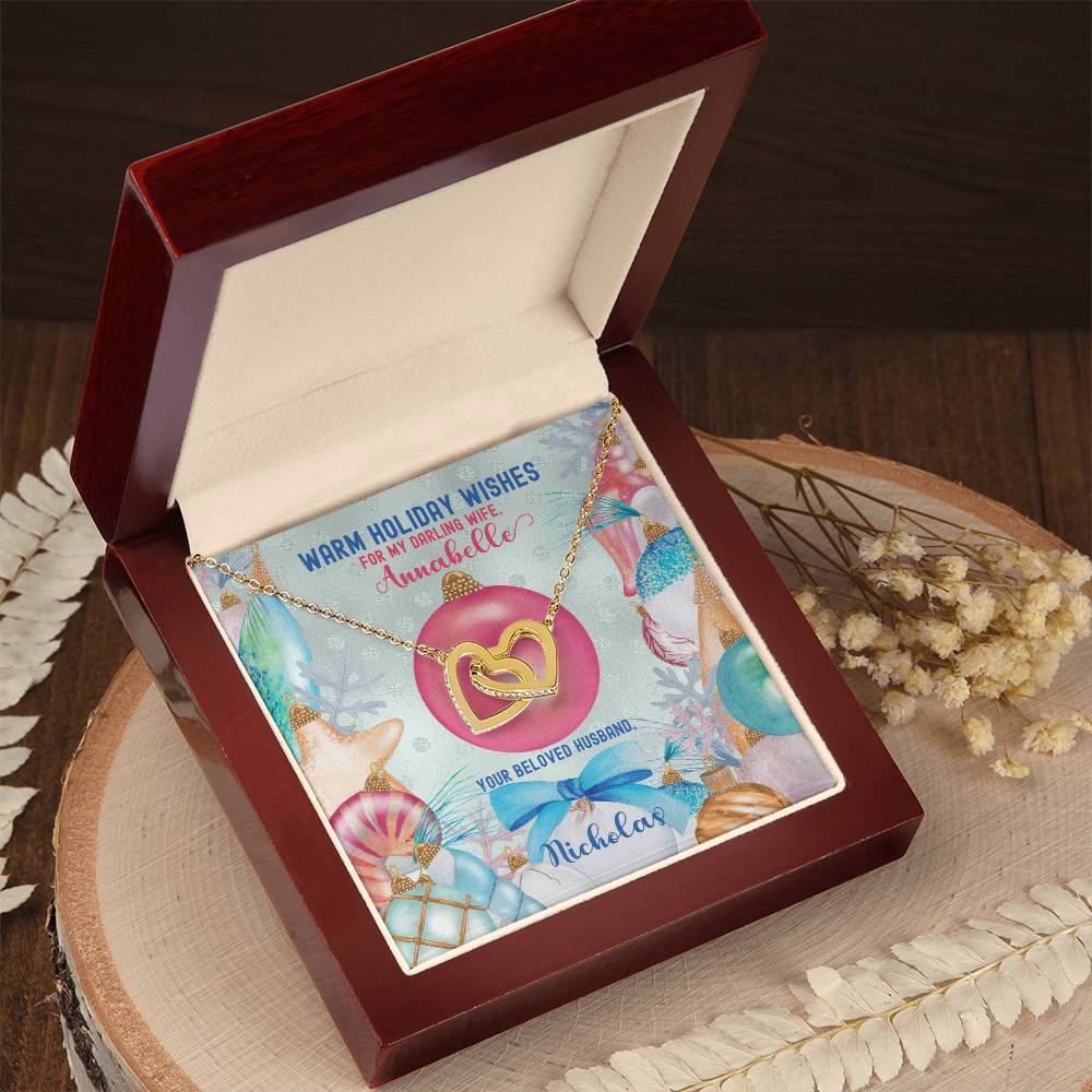 Husband To Wife - Warm Holiday Wishes Fully Customizable Christmas Gift - Personalized Interlocking Hearts Necklace