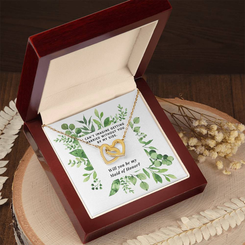 Be Maid Of Honor Square Foliage Wedding Necklace Interlocking Hearts Necklace