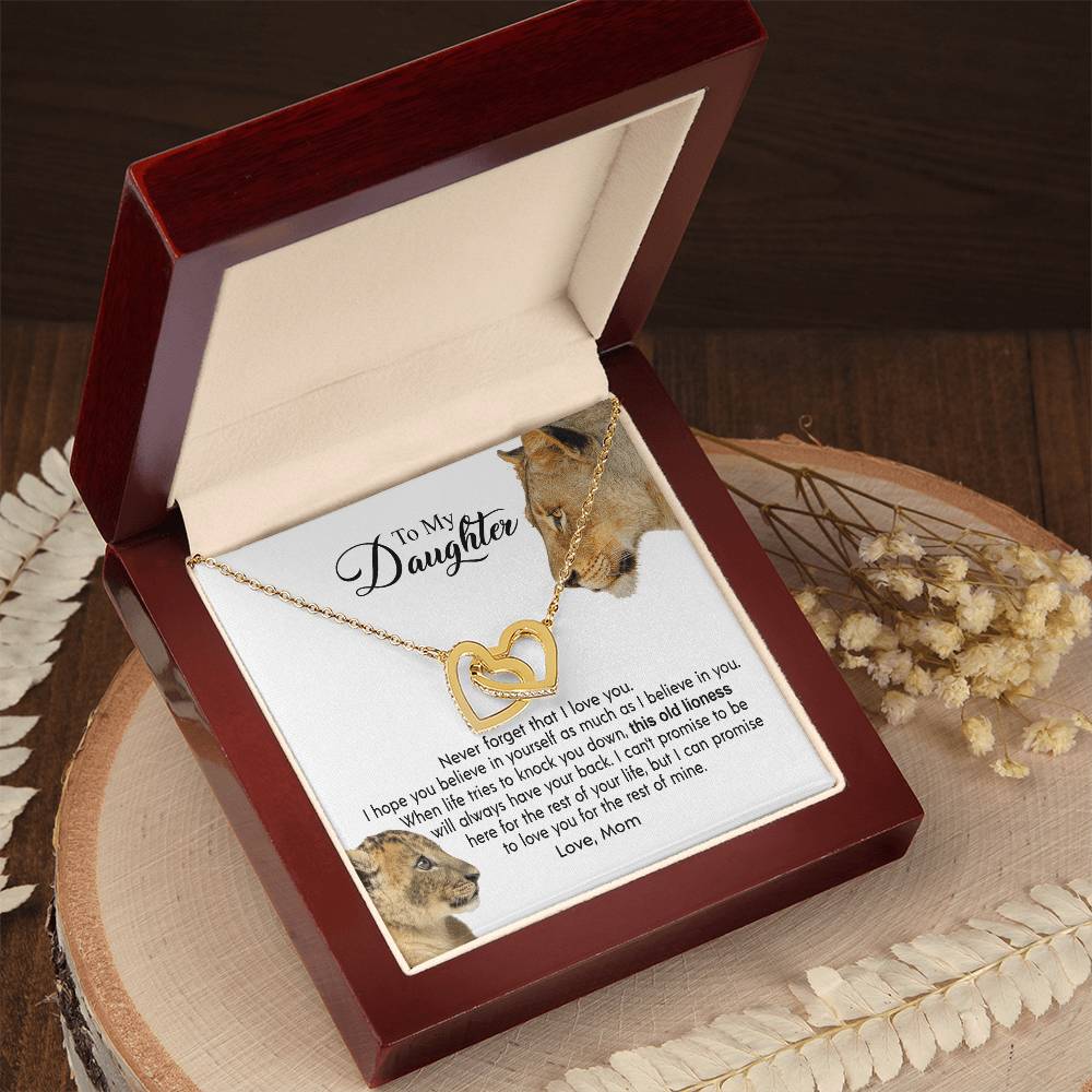 To My Daughter - This Old Lioness Will Always Have Your Back Interlocking Hearts Necklace