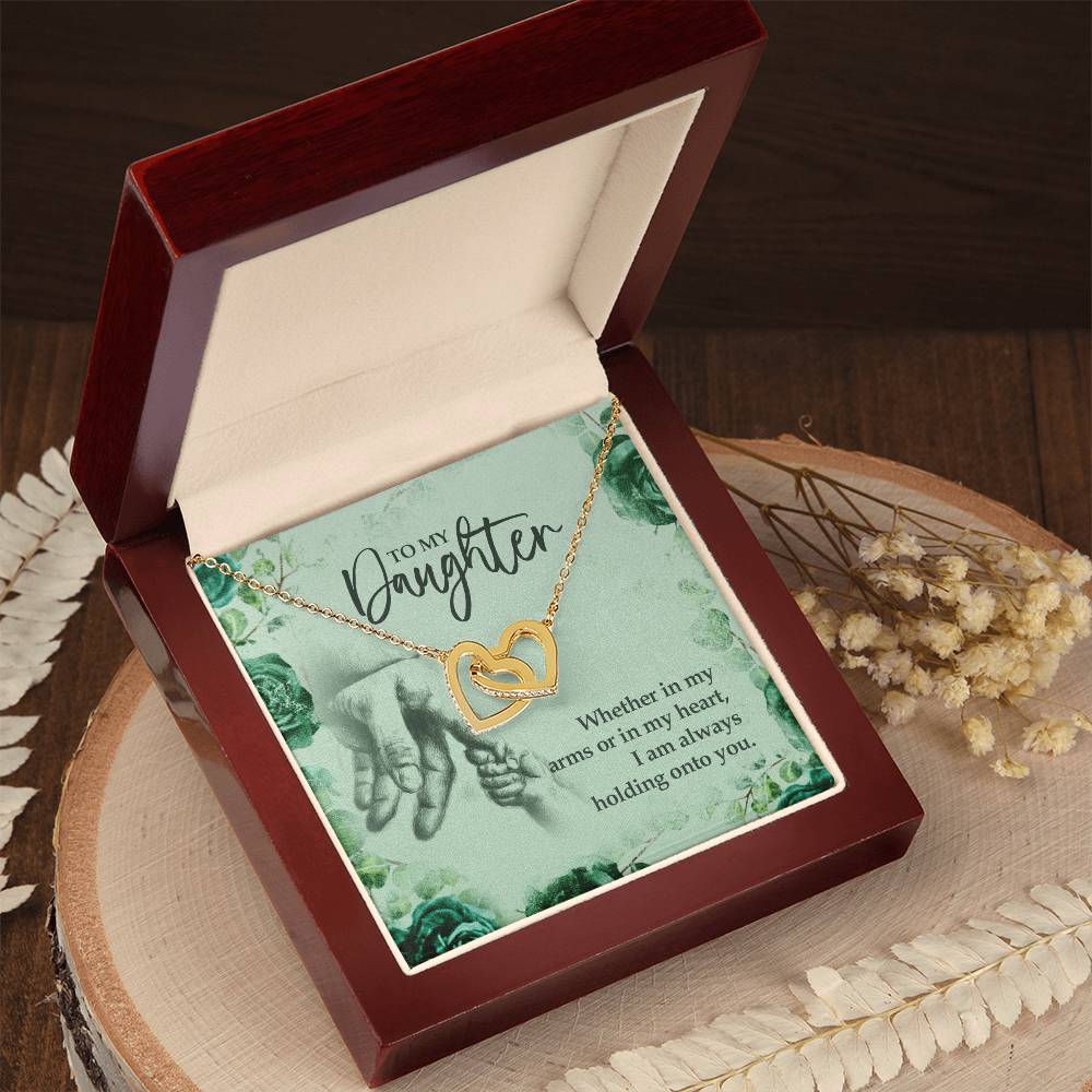 To My Daughter Holding Onto You. Artisan Zirconia Necklace Interlocking Hearts Necklace