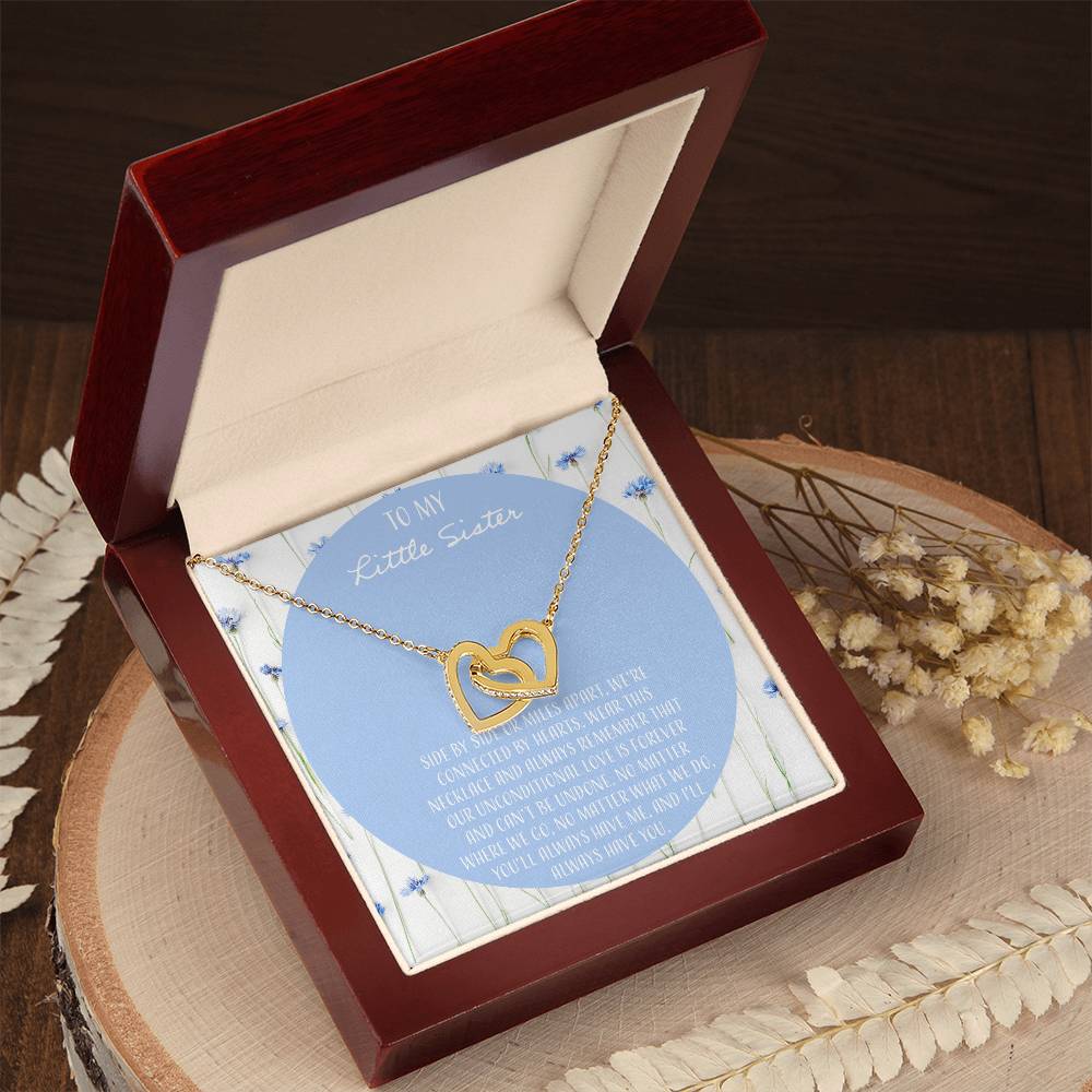 To My Little Sister Side By Side Interlocking Hearts Necklace