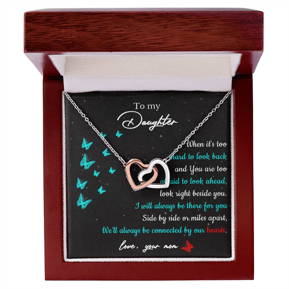 To My Daughter - Side By Side Or Miles Apart - Butterfly Interlocking Hearts Necklace