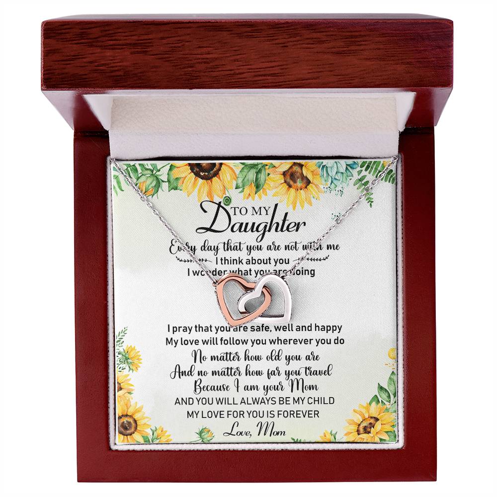 To My Daughter Sunflower Interlocking Hearts Necklace Birthday Message Card