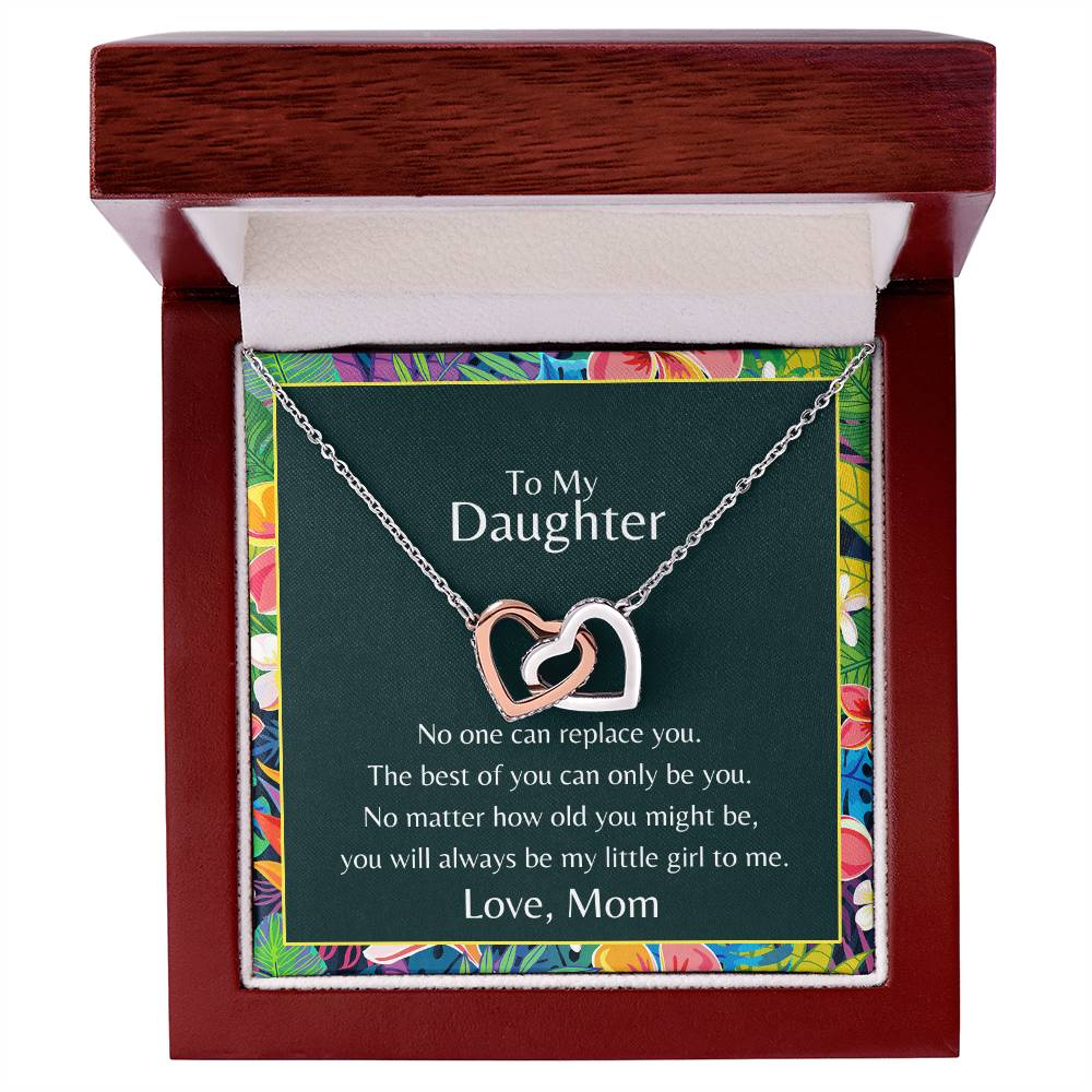 To My Daughter No One Can Replace You Necklace. Embellished With Cubic Zirconia Stones. Interlocking Hearts Necklace