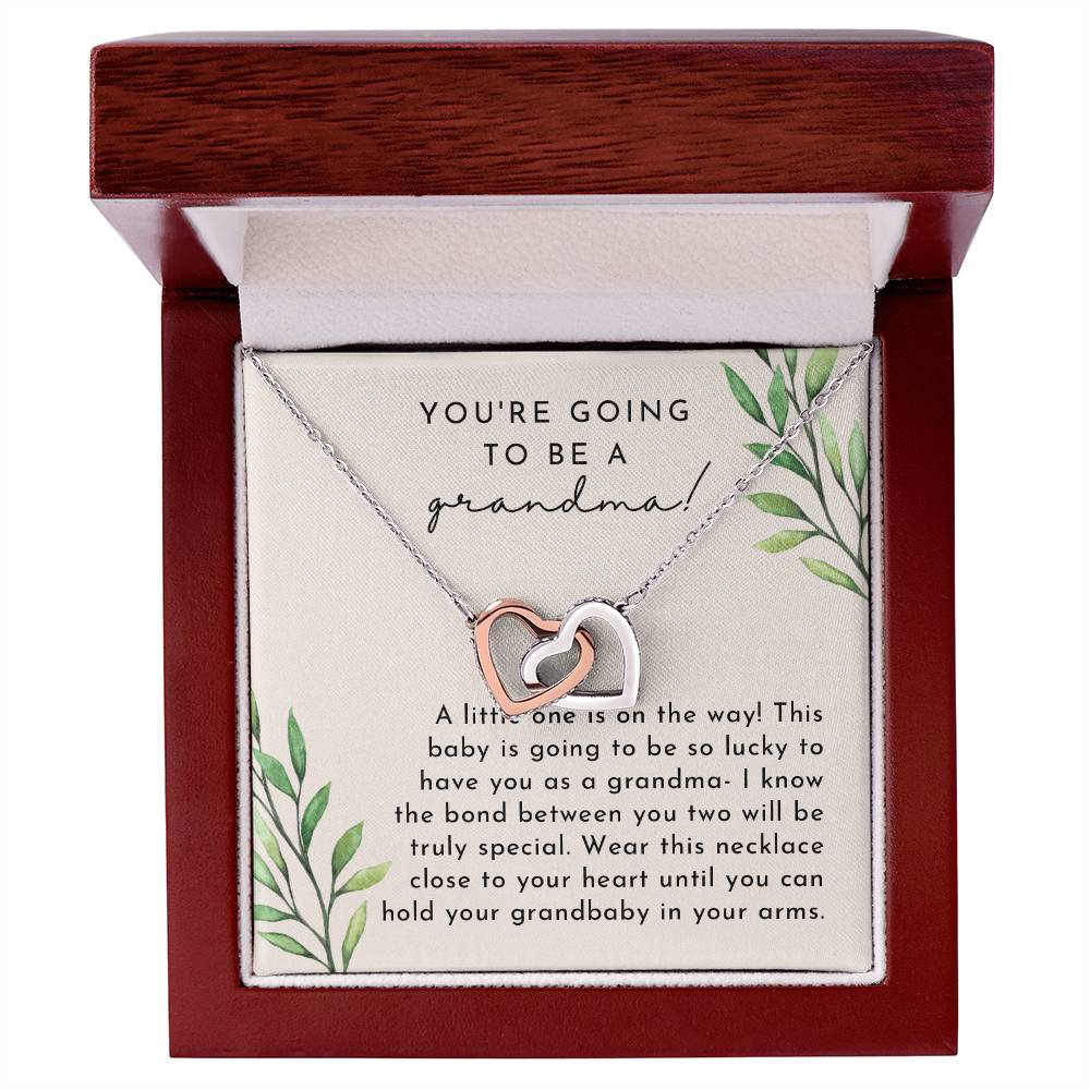 Grandma Baby Announcement L Neutral Leaves Final Interlocking Hearts Necklace