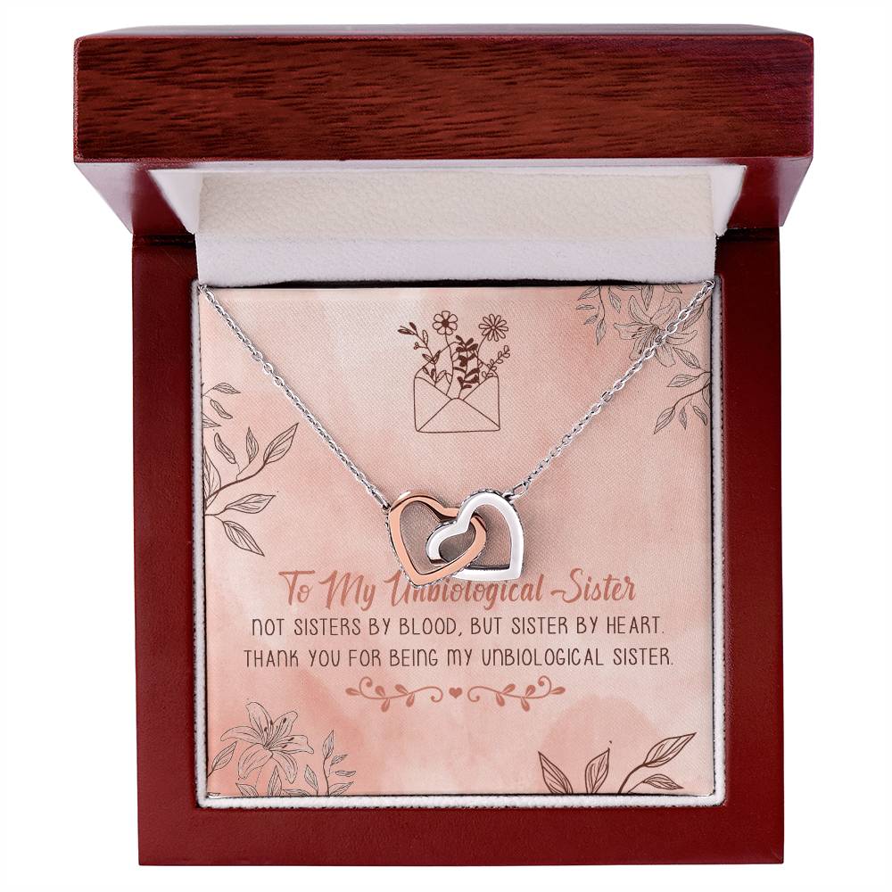 To My Unbiological Sister Interlocking Hearts Necklace Message Card