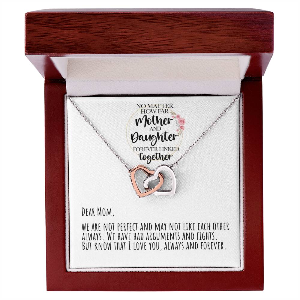 No Matter How Far Mother And Daughter Forever Linked Together Interlocking Hearts Necklace
