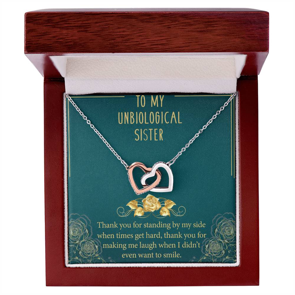 To My Unbiological Sister Interlocking Hearts Necklace Message Card
