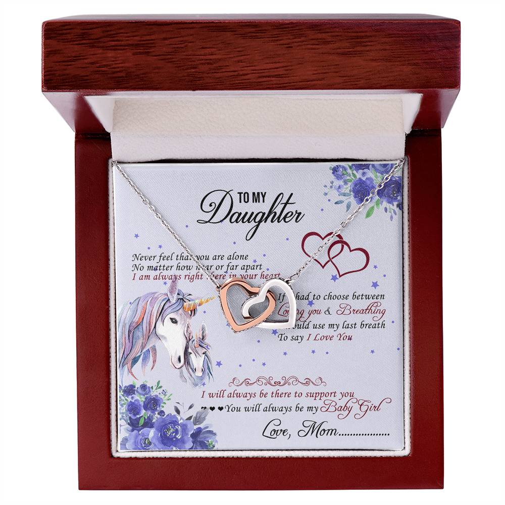 To My Daughter Unicorn Interlocking Hearts Necklace Birthday Message Card