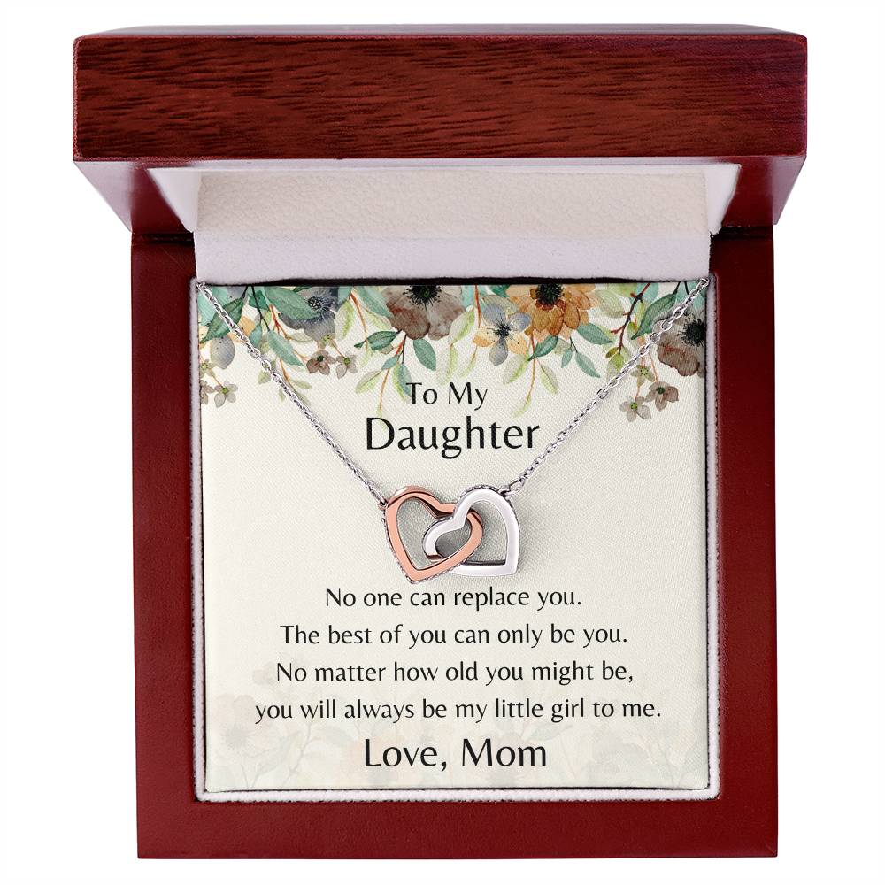 To My Daughter No One Can Replace You Necklace. Embellished With Cubic Zirconia Stones. Interlocking Hearts Necklace