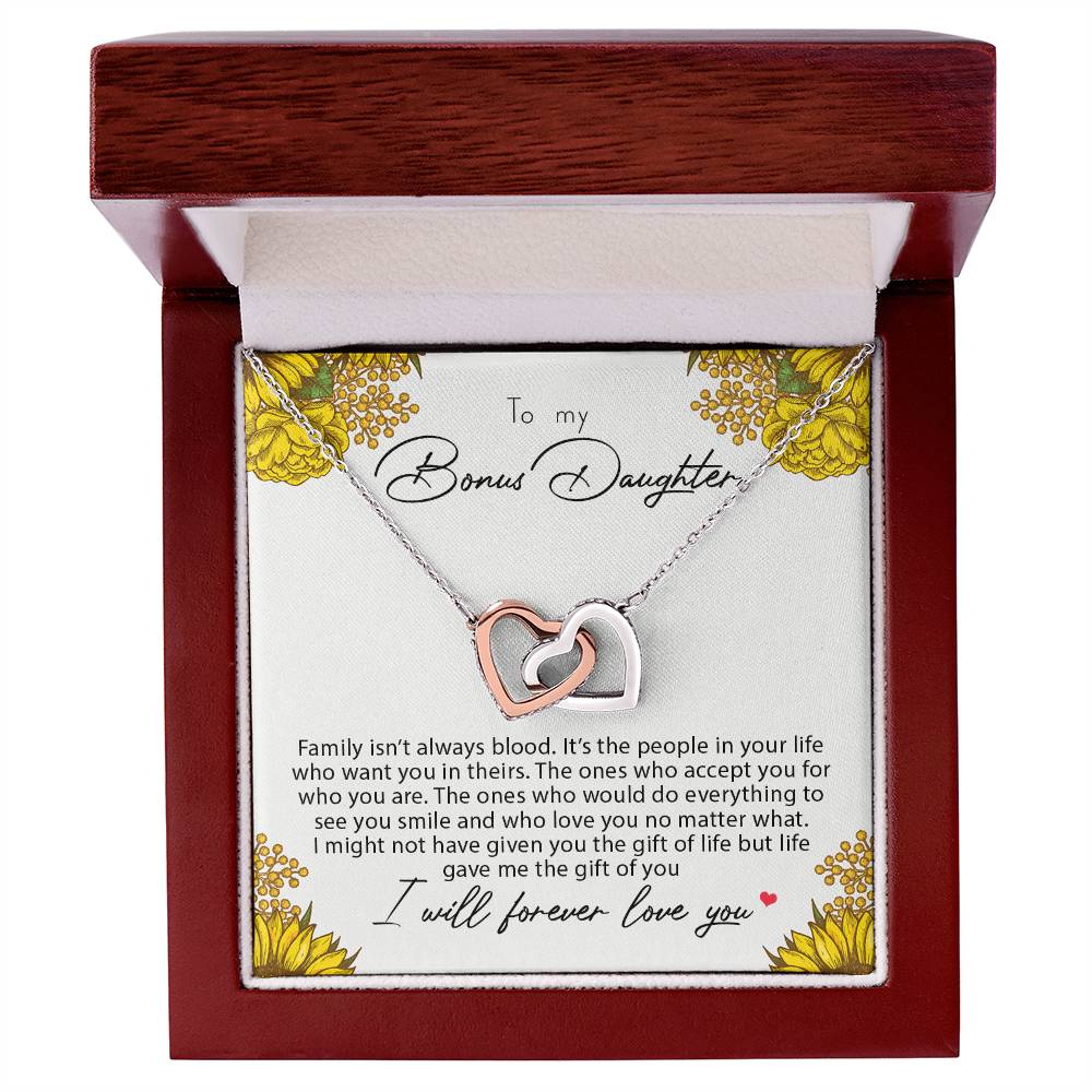 To My Bonus Daughter Family Isn'T Always Blood Interlocking Hearts Necklace