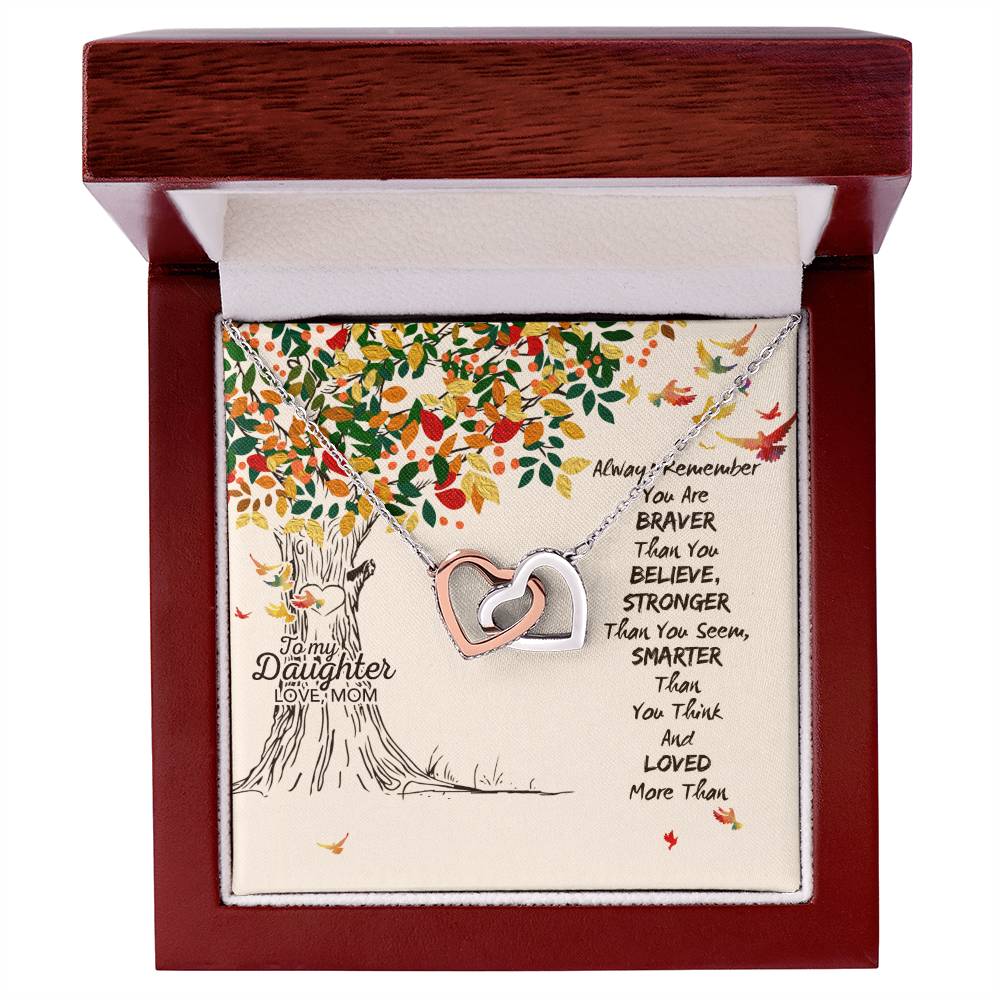 To My Daughter Love Mom Two Hearts Embellished With Cubic Zirconia Stones Interlocking Hearts Necklace