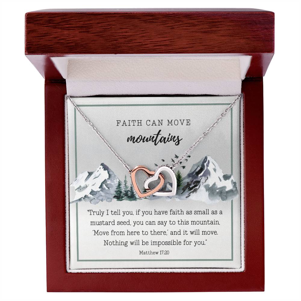 Scripture Encouragement Interlocking Hearts Necklace Matthew 1720 Winter Mountains
