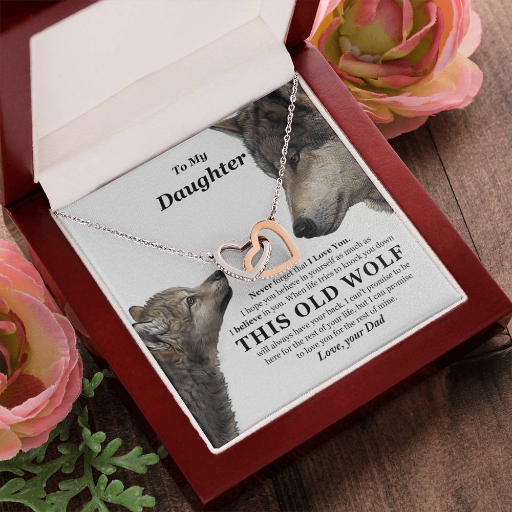 My Daughter This Old Wolf Will Always Have Your Back Interlocking Hearts Necklace