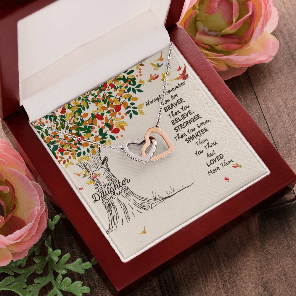 To My Daughter Love Mom Two Hearts Embellished With Cubic Zirconia Stones Interlocking Hearts Necklace