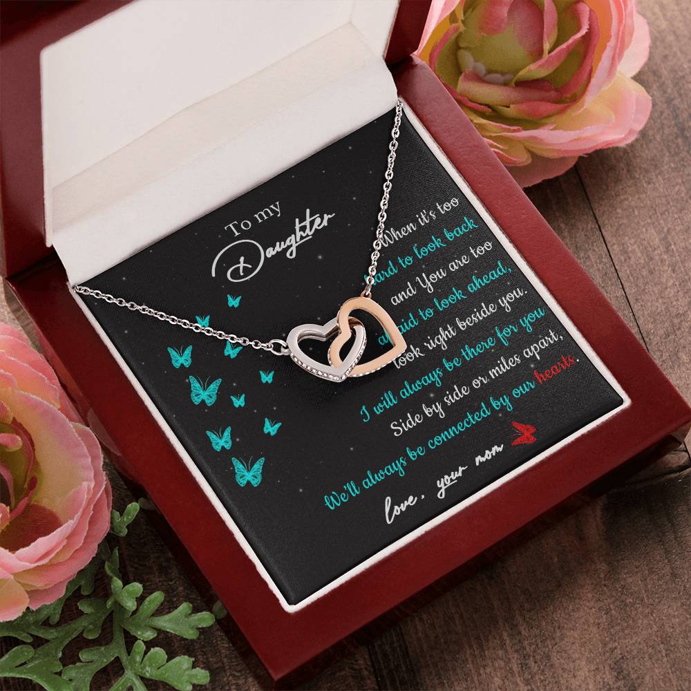 To My Daughter - Side By Side Or Miles Apart - Butterfly Interlocking Hearts Necklace