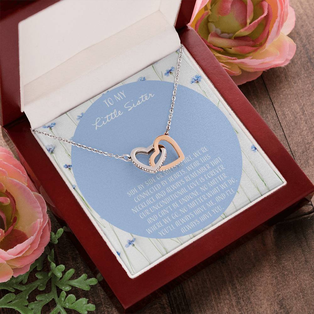 To My Little Sister Side By Side Interlocking Hearts Necklace