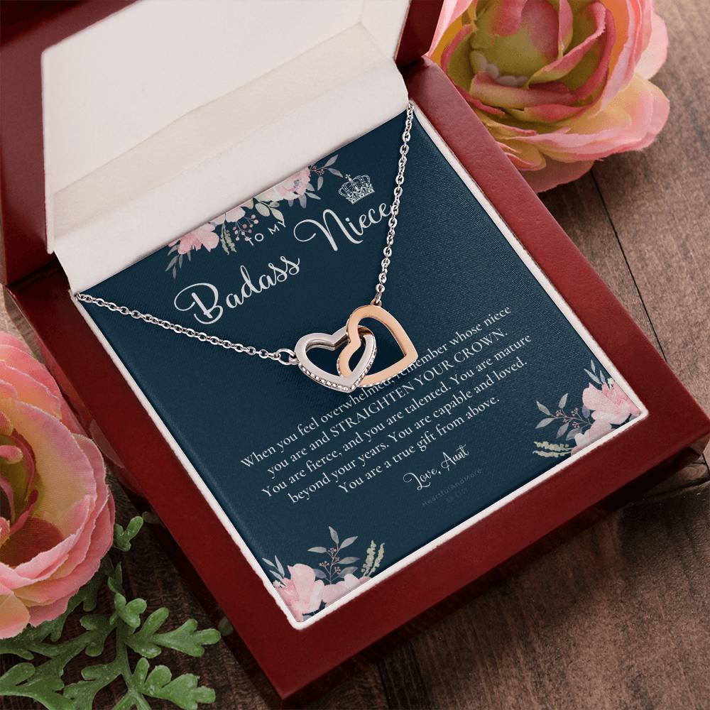 To My Badass Niece Straighten Your Crown Necklace Aunt Niece Necklace Niece Birthday Gift Niece Graduation Gift Interlocking Hearts Necklace