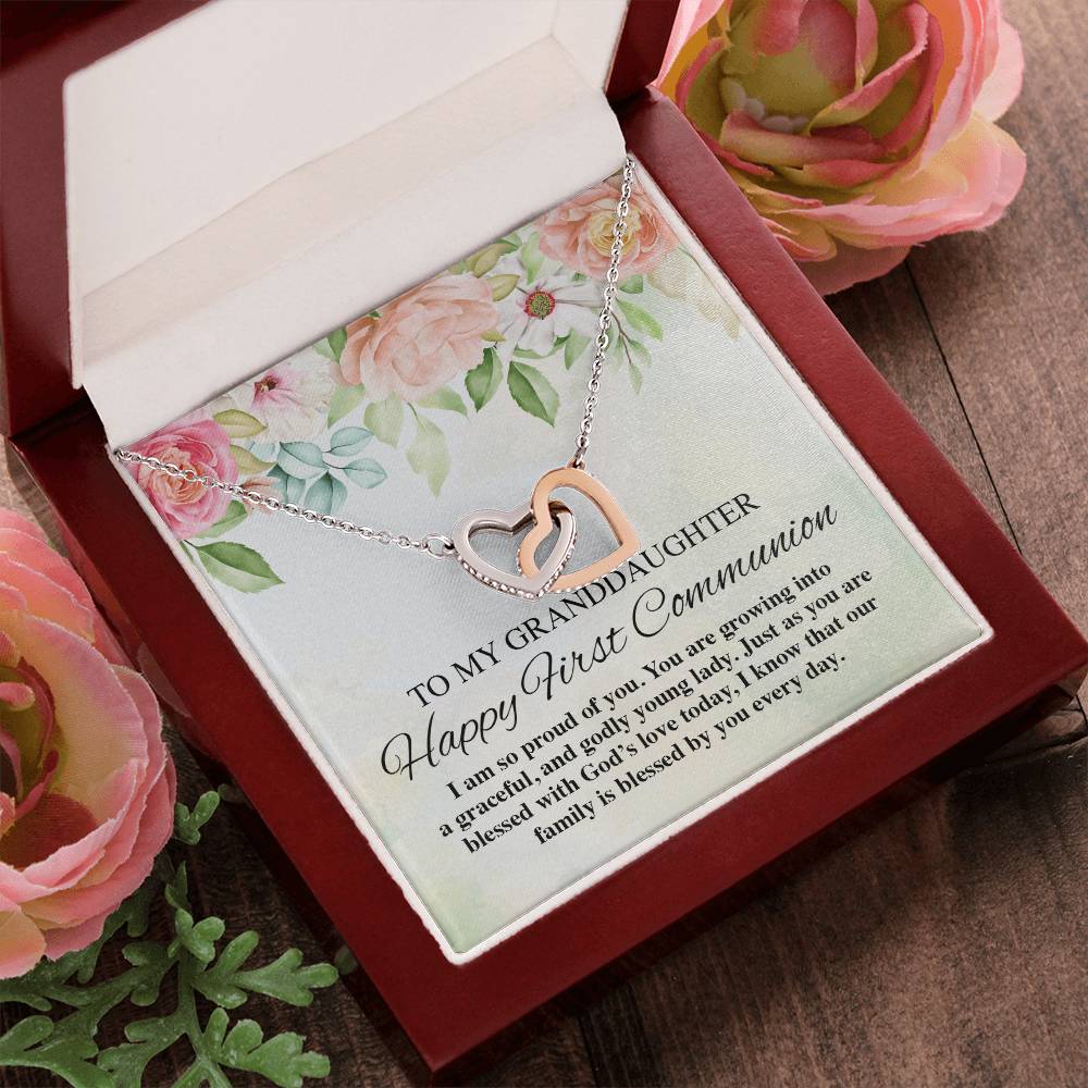 To My Granddaughter Happy First Communion Interlocking Hearts Necklace